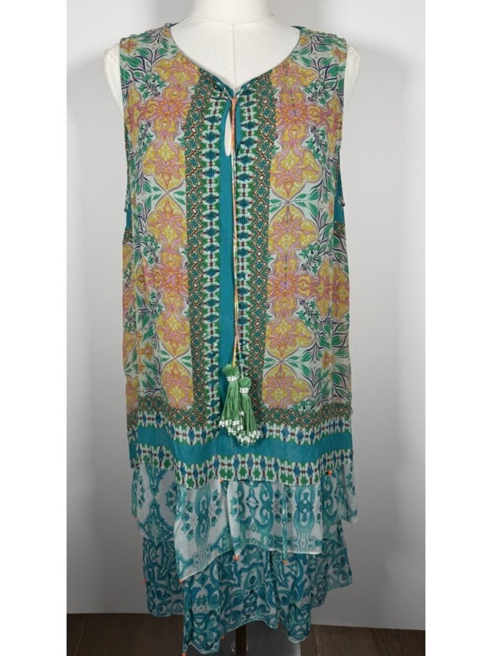 Hemant & Nandita Moana 100% silk ruffle bohemian mini dress tassels sequins M